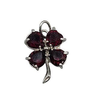 MM Sterling Silver Garnet Four Leaf Clover Pendant Charm 925 Deep Red Gemstone